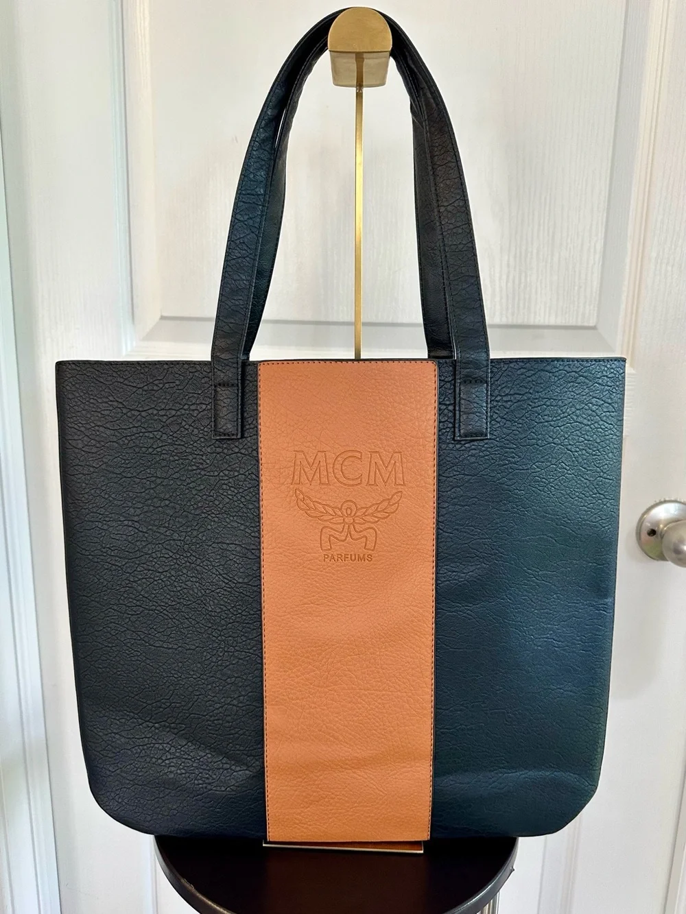 MCM Parfums Embossed Faux Leather Tote Bag – Black & Cognac – NWOT – Large